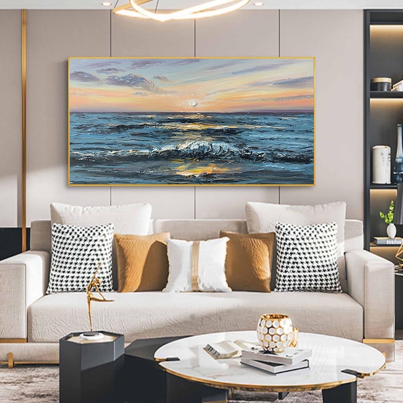 Large Abstract Sunset Seascape Oil Painting on Canvas, Original Blue Ocean Wall Art, Sailboat Art Painting, Custom Living Room Wall Decor - Oil Painting Haven