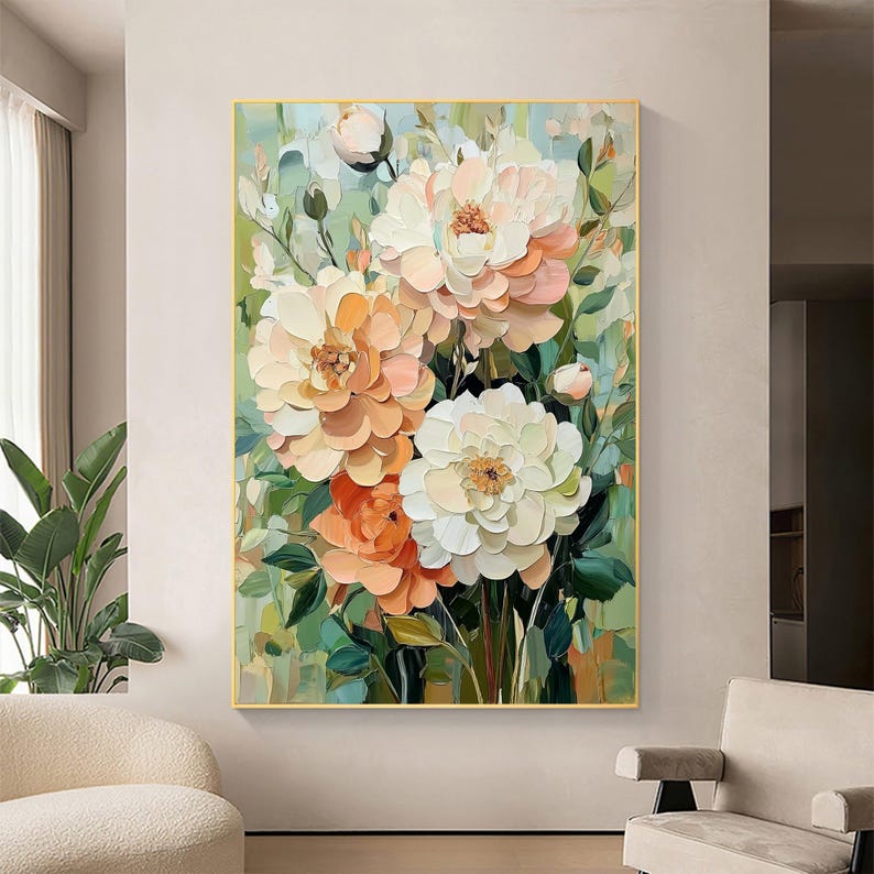 Abstract Colorful Textured Flower Oil Painting on Canvas, Large Original Modern Minimalist Floral Wall Art, Custom Living Room Wall Decor - Oil Painting Haven