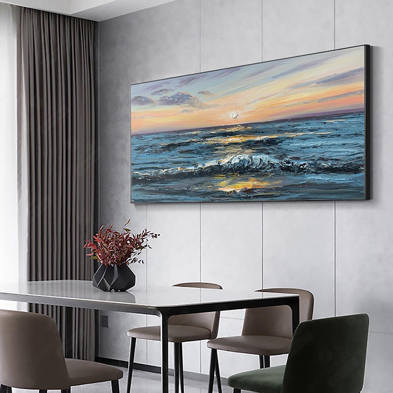 Large Abstract Sunset Seascape Oil Painting on Canvas, Original Blue Ocean Wall Art, Sailboat Art Painting, Custom Living Room Wall Decor - Oil Painting Haven Oil Painting Haven