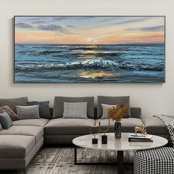 Large Abstract Sunset Seascape Oil Painting on Canvas, Original Blue Ocean Wall Art, Sailboat Art Painting, Custom Living Room Wall Decor - Oil Painting Haven Oil Painting Haven