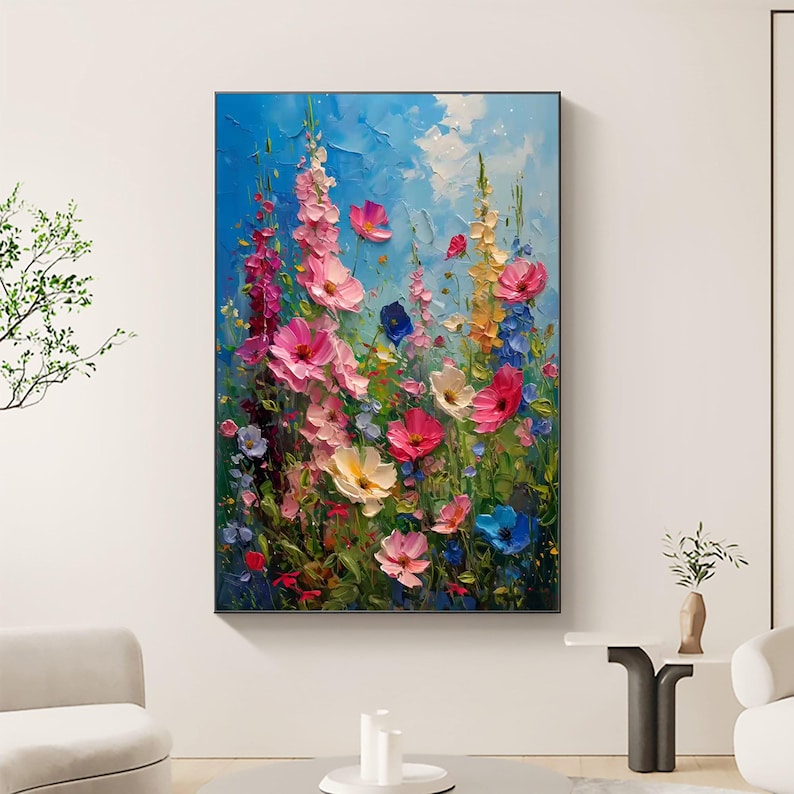 Original Colorful Flower Oil Painting On Canvas, Large Abstract Floral Landscape Painting, Custom Blossom Wall Art Modern Bedroom Wall Decor - Oil Painting Haven