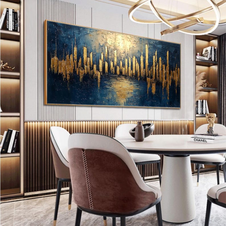 Large Abstract Golden City Building Painting on Canvas, Original City Skyline Painting, Modern Urban Landscape Wall Art, Living Room Decor - Oil Painting Haven Oil Painting Haven