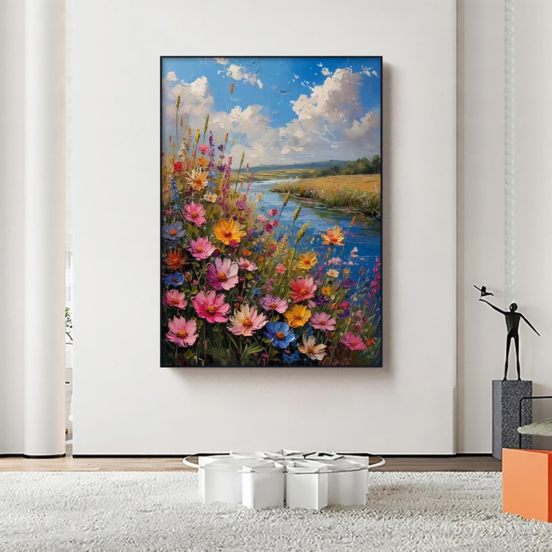 Original Colorful Flower Oil Painting On Canvas, Large Abstract Floral Landscape Painting, Custom Blossom Wall Art Modern Bedroom Wall Decor - Oil Painting Haven