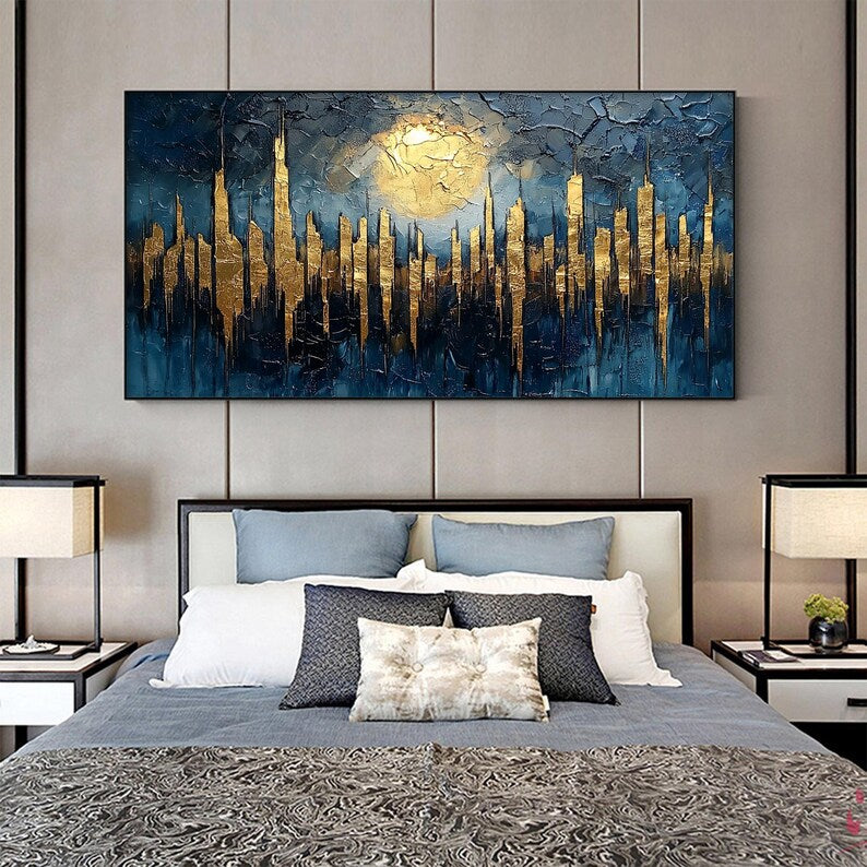 Abstract Golden City Building Oil Painting on Canvas, Large Original Urban Architecture Painting Modern Landscape Wall Art Living Room Decor - Oil Painting Haven Oil Painting Haven