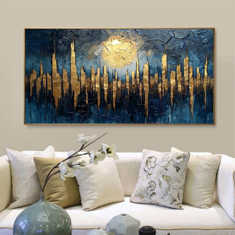 Abstract Golden City Building Oil Painting on Canvas, Large Original Urban Architecture Painting Modern Landscape Wall Art Living Room Decor - Oil Painting Haven Oil Painting Haven