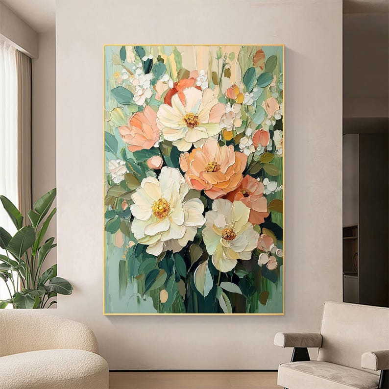 Abstract Colorful Minimalist Flower Painting on Canvas, Large Original Blossom Painting, Modern Texture Floral Wall Art, Bedroom Wall Decor - Oil Painting Haven