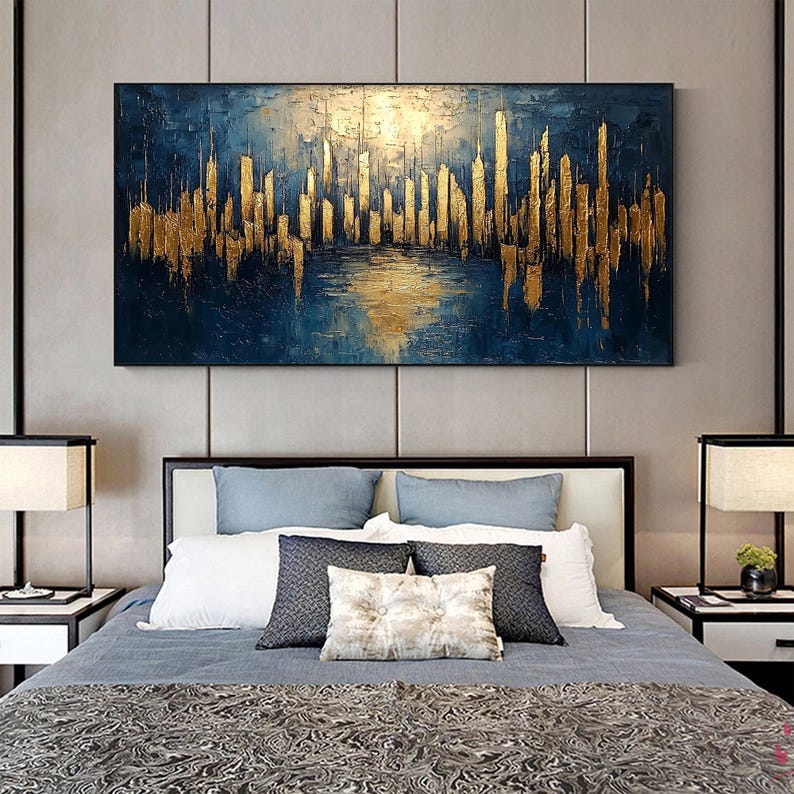 Large Abstract Golden City Building Painting on Canvas, Original City Skyline Painting, Modern Urban Landscape Wall Art, Living Room Decor - Oil Painting Haven Oil Painting Haven