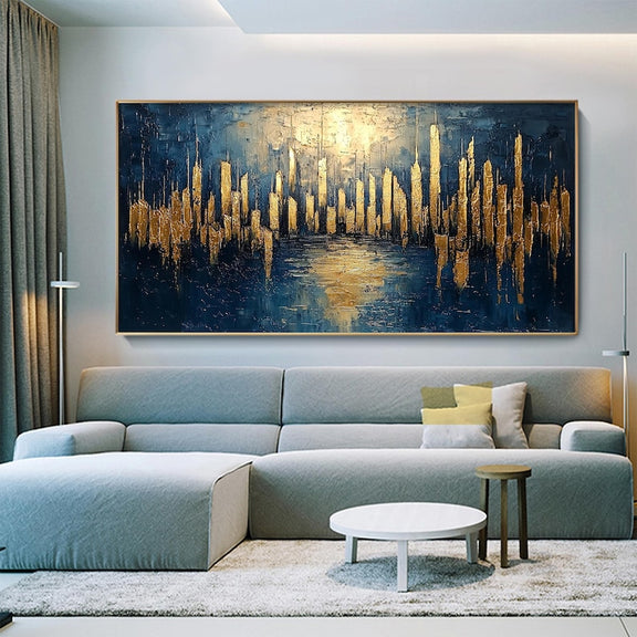 Large Abstract Golden City Building Painting on Canvas, Original City Skyline Painting, Modern Urban Landscape Wall Art, Living Room Decor - Oil Painting Haven Oil Painting Haven