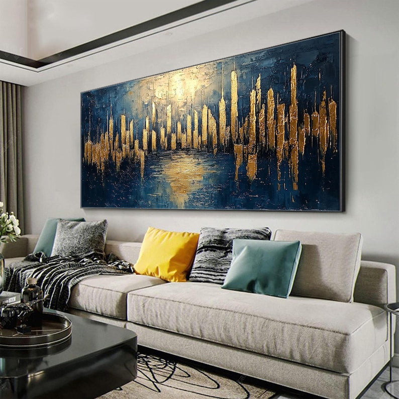 Large Abstract Golden City Building Painting on Canvas, Original City Skyline Painting, Modern Urban Landscape Wall Art, Living Room Decor - Oil Painting Haven Oil Painting Haven