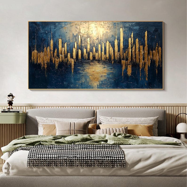 Large Abstract Golden City Building Painting on Canvas, Original City Skyline Painting, Modern Urban Landscape Wall Art, Living Room Decor - Oil Painting Haven Oil Painting Haven