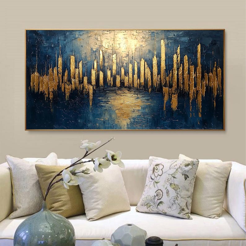 Large Abstract Golden City Building Painting on Canvas, Original City Skyline Painting, Modern Urban Landscape Wall Art, Living Room Decor - Oil Painting Haven Oil Painting Haven