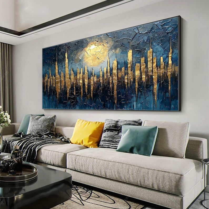 Abstract Golden City Building Oil Painting on Canvas, Large Original Urban Architecture Painting Modern Landscape Wall Art Living Room Decor - Oil Painting Haven Oil Painting Haven