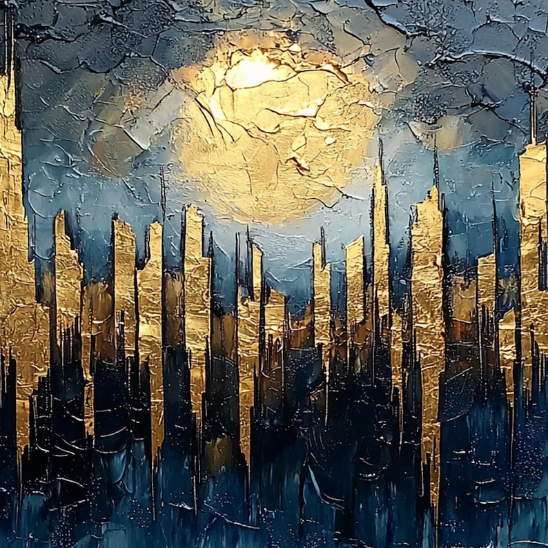 Abstract Golden City Building Oil Painting on Canvas, Large Original Urban Architecture Painting Modern Landscape Wall Art Living Room Decor - Oil Painting Haven Oil Painting Haven