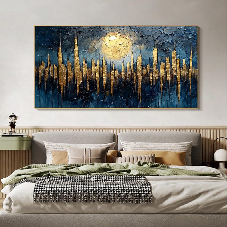 Abstract Golden City Building Oil Painting on Canvas, Large Original Urban Architecture Painting Modern Landscape Wall Art Living Room Decor - Oil Painting Haven Oil Painting Haven