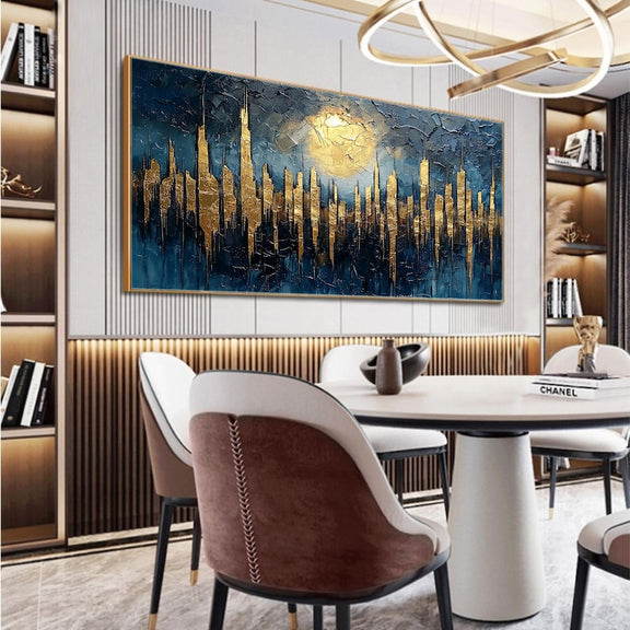 Abstract Golden City Building Oil Painting on Canvas, Large Original Urban Architecture Painting Modern Landscape Wall Art Living Room Decor - Oil Painting Haven Oil Painting Haven