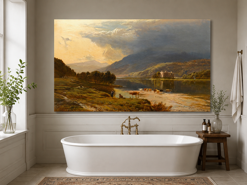 Landscape Oil Painting - Cattle Crossing a Lake