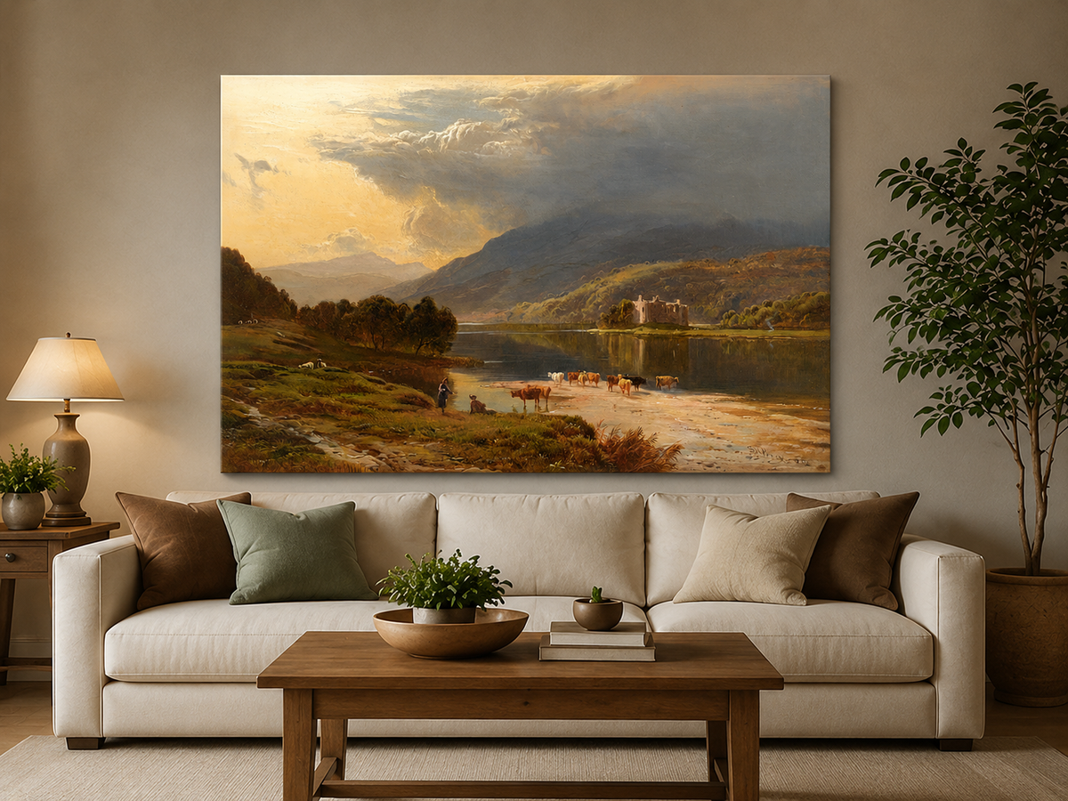 Landscape Oil Painting - Cattle Crossing a Lake