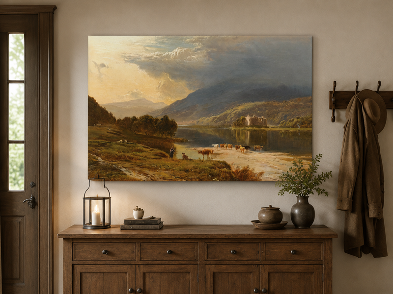 Landscape Oil Painting - Cattle Crossing a Lake