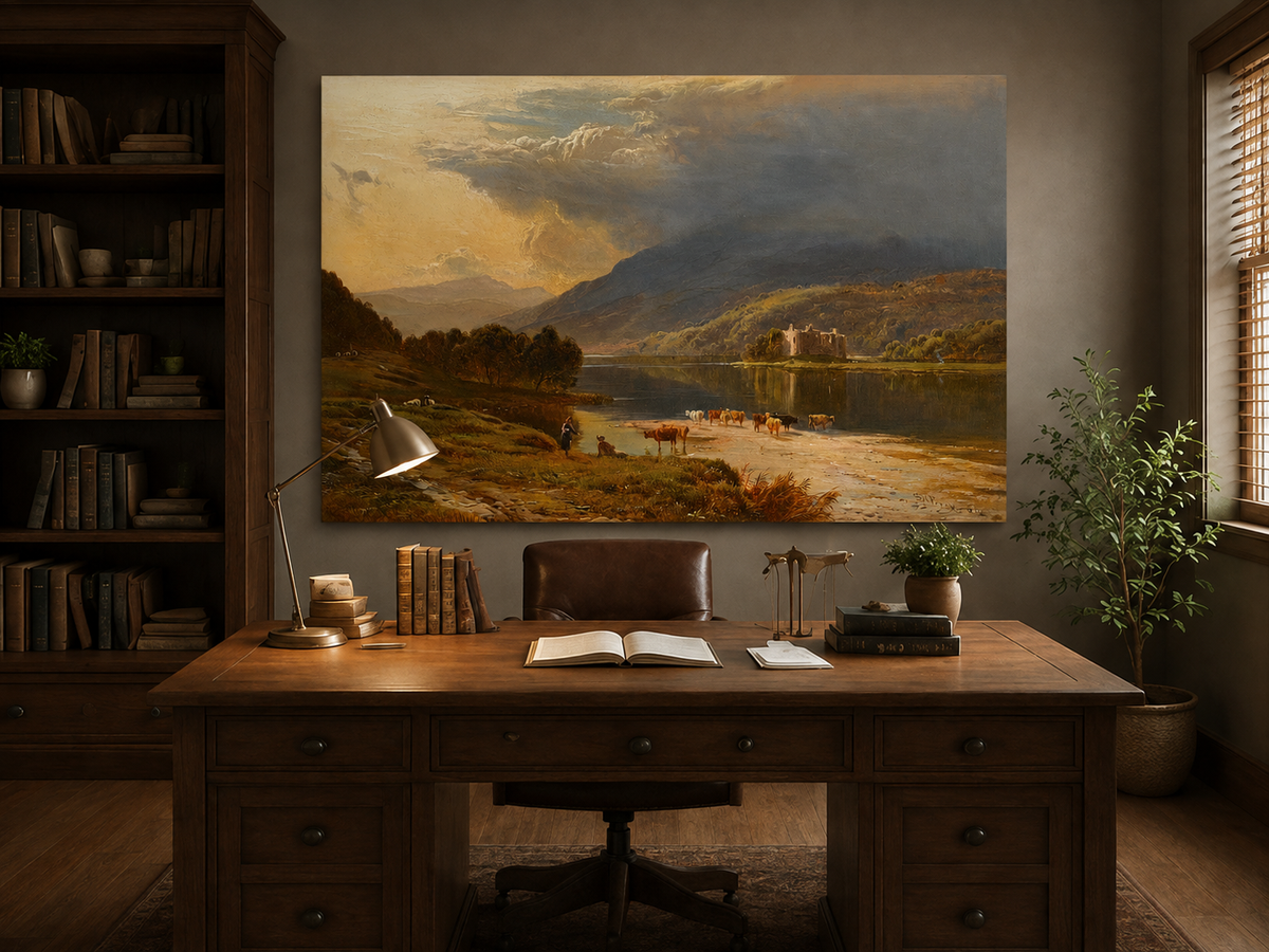 Landscape Oil Painting - Cattle Crossing a Lake