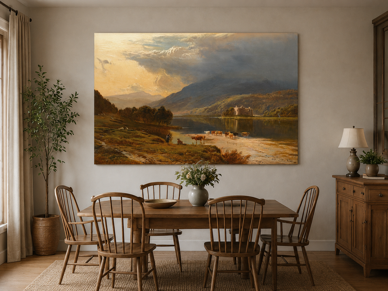 Landscape Oil Painting - Cattle Crossing a Lake