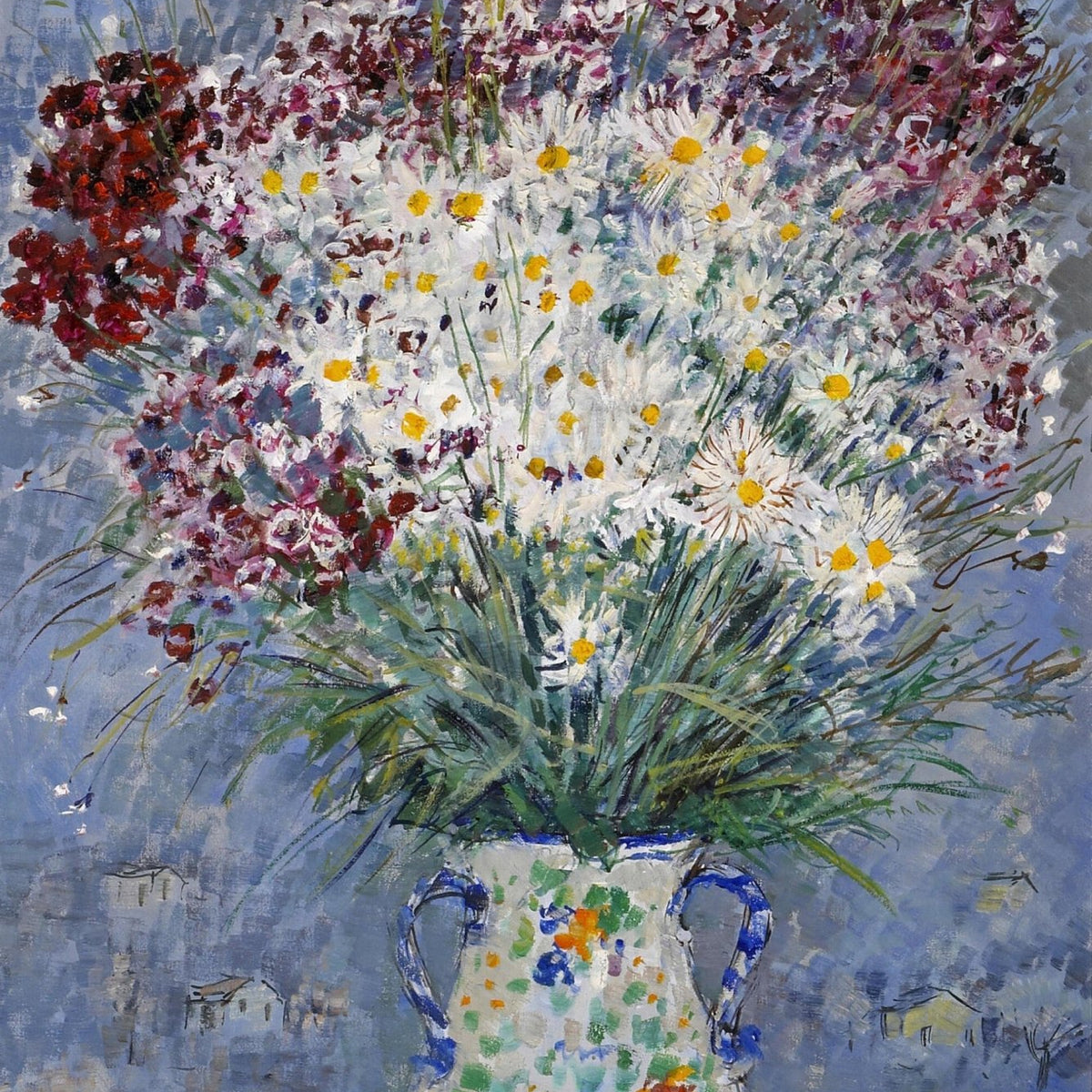 Impressionist Wildflower Daisy Bouquet in Painted Vase – Floral Oil Painting - Oil Painting Haven