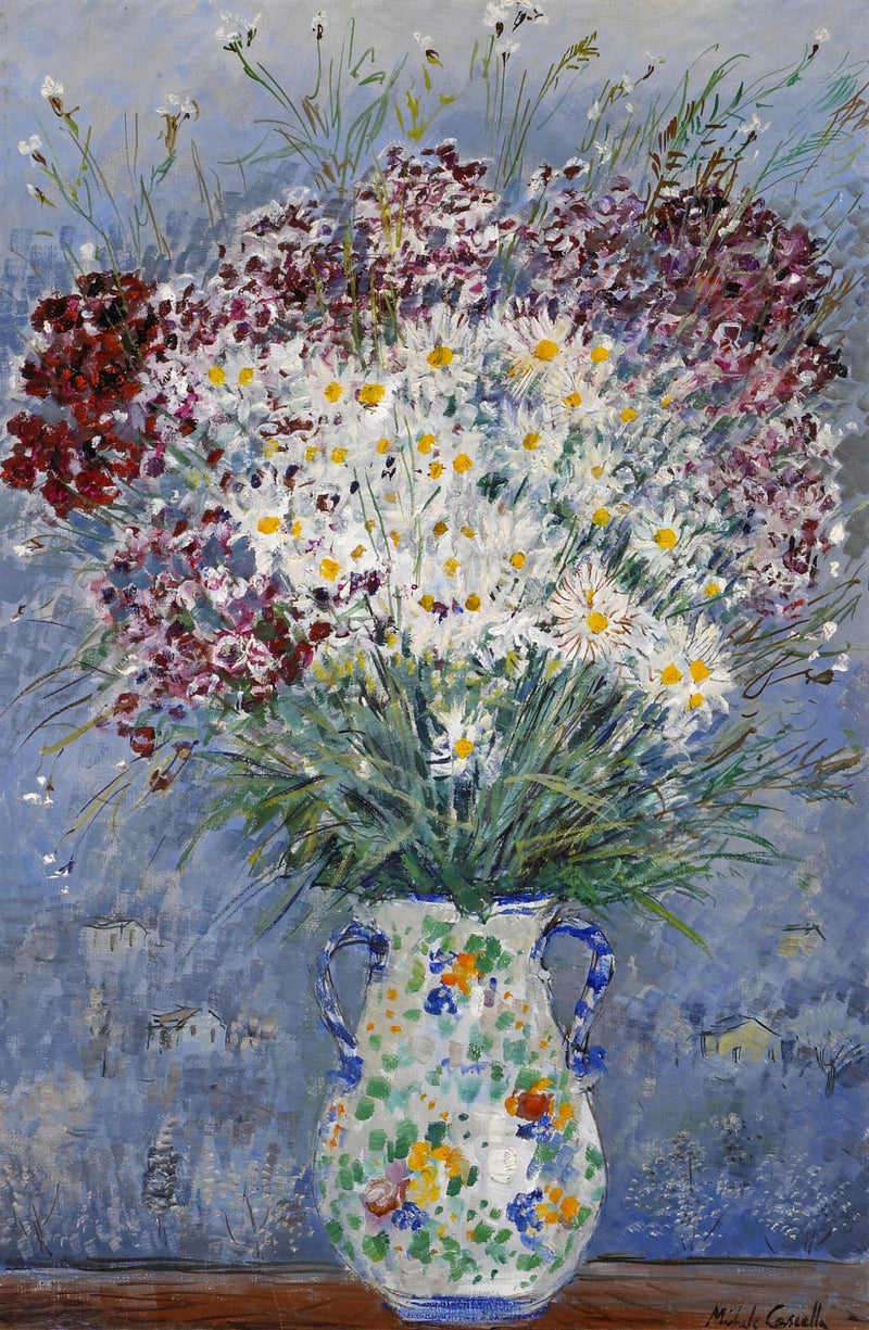 Impressionist Wildflower Daisy Bouquet in Painted Vase – Floral Oil Painting - Oil Painting Haven