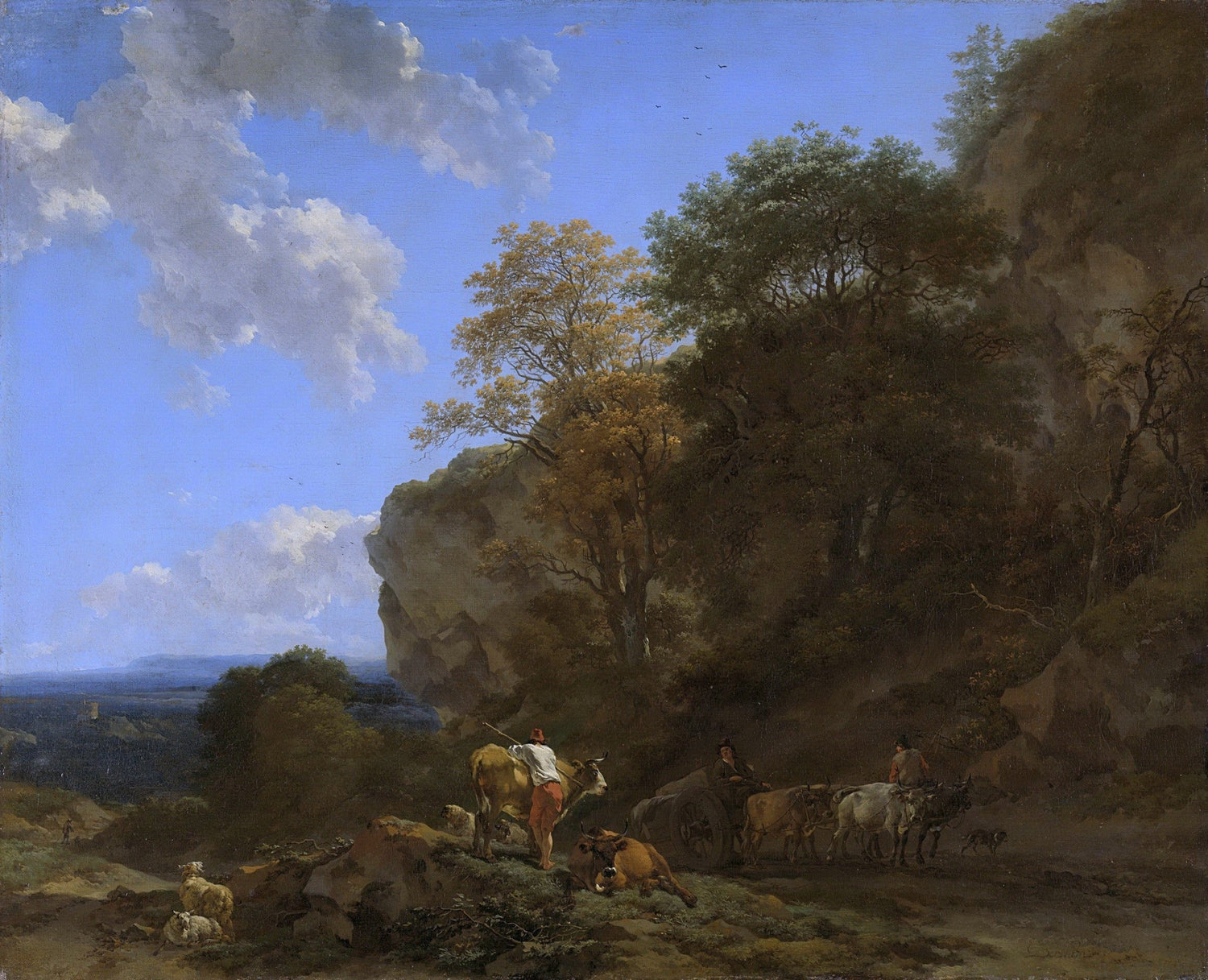 Hand-painted italian countryside with herdsmen, oxen landscape oil painting on canvas