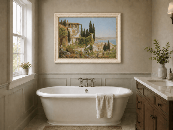 Framed hand-painted Italian garden oil painting with cypress trees overlooking the sea displayed above a freestanding bathtub.