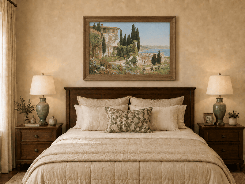 Framed hand-painted Italian garden oil painting with cypress trees overlooking the sea displayed above a wooden bed in a neutral bedroom.