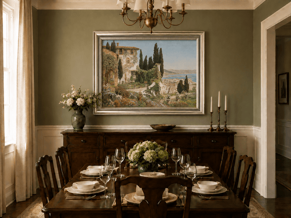 Framed hand-painted Italian garden oil painting with cypress trees overlooking the sea displayed above a formal dining table.