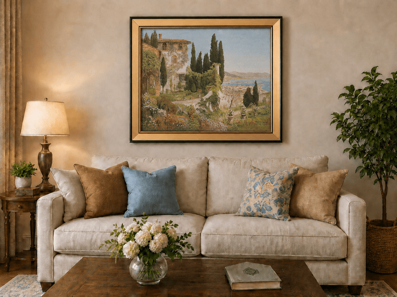 Framed hand-painted Italian garden oil painting with cypress trees overlooking the sea displayed above a neutral living room sofa.