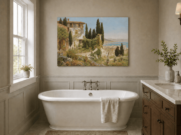 Unframed hand-painted Italian garden oil painting with cypress trees overlooking the sea displayed above a freestanding bathtub.