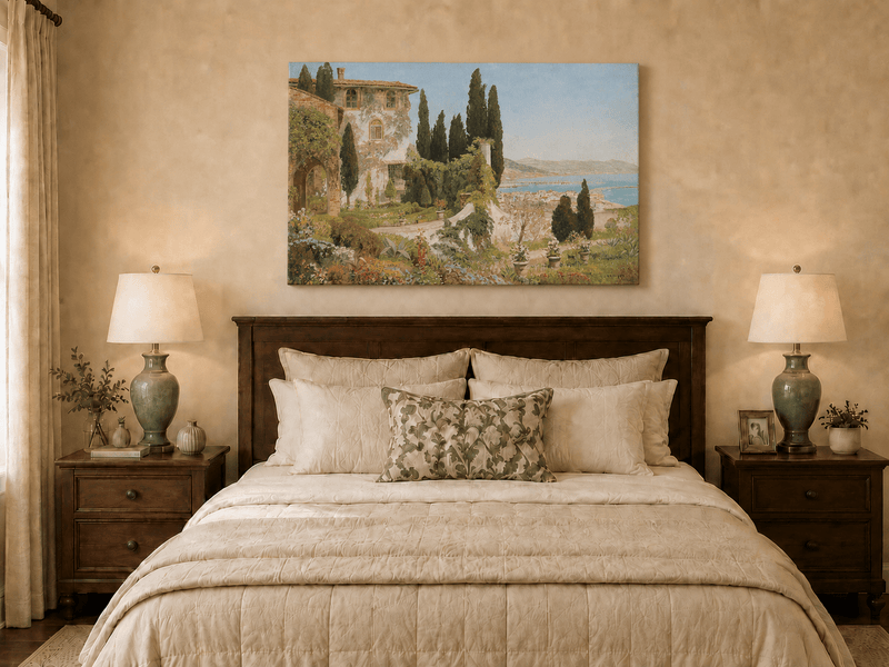 Unframed hand-painted Italian garden oil painting with cypress trees overlooking the sea displayed above a wooden bed in a neutral bedroom.