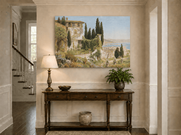 Unframed hand-painted Italian garden oil painting with cypress trees overlooking the sea displayed above an entryway console table.