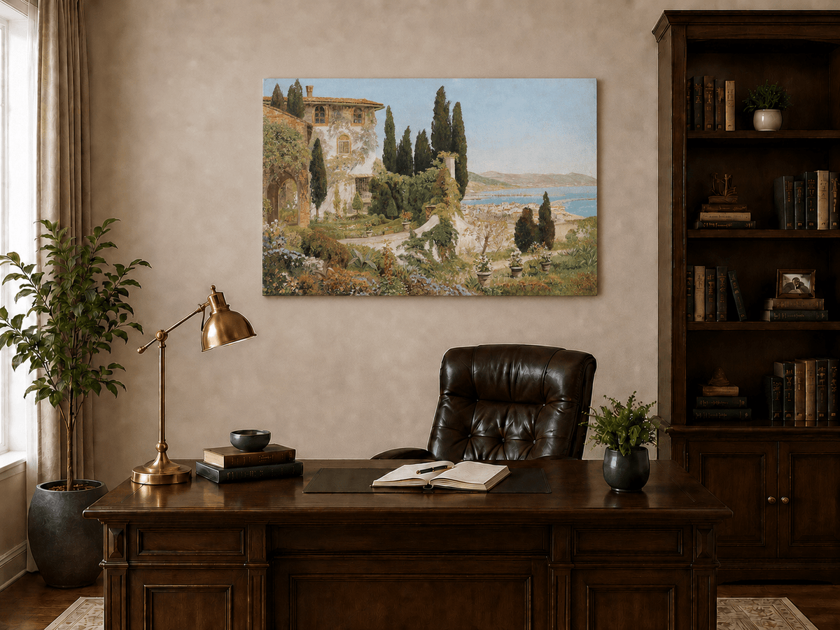 Unframed hand-painted Italian garden oil painting with cypress trees overlooking the sea displayed above a traditional home office desk.