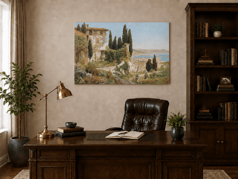 Unframed hand-painted Italian garden oil painting with cypress trees overlooking the sea displayed above a traditional home office desk.