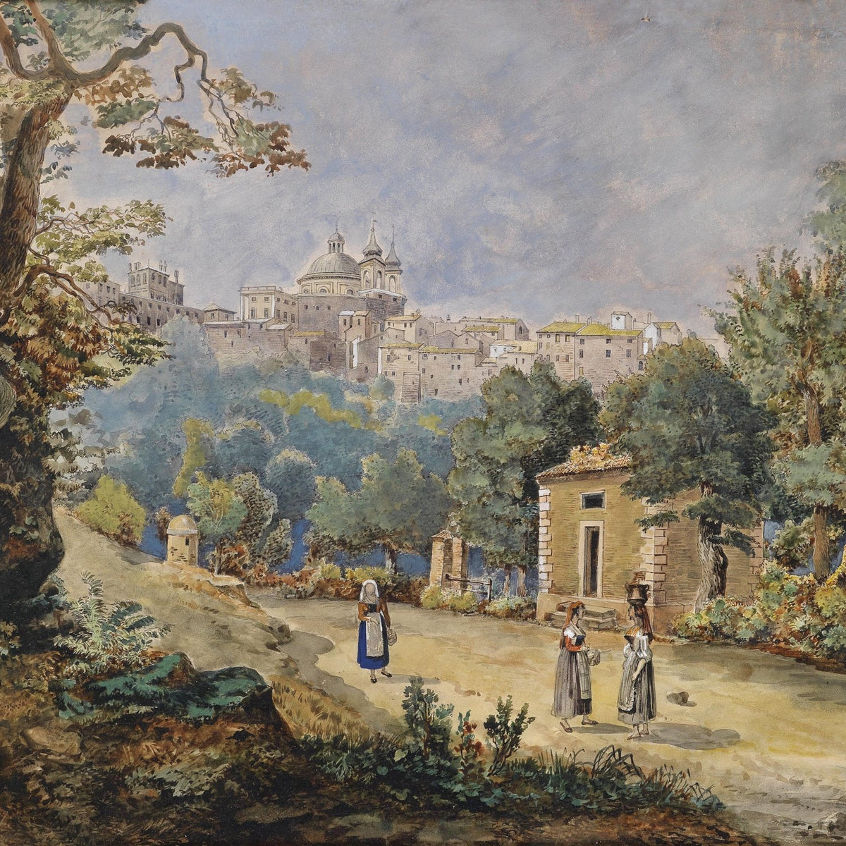 Italian Hillside Town with Figures and Trees – Landscape Oil Painting - Oil Painting Haven