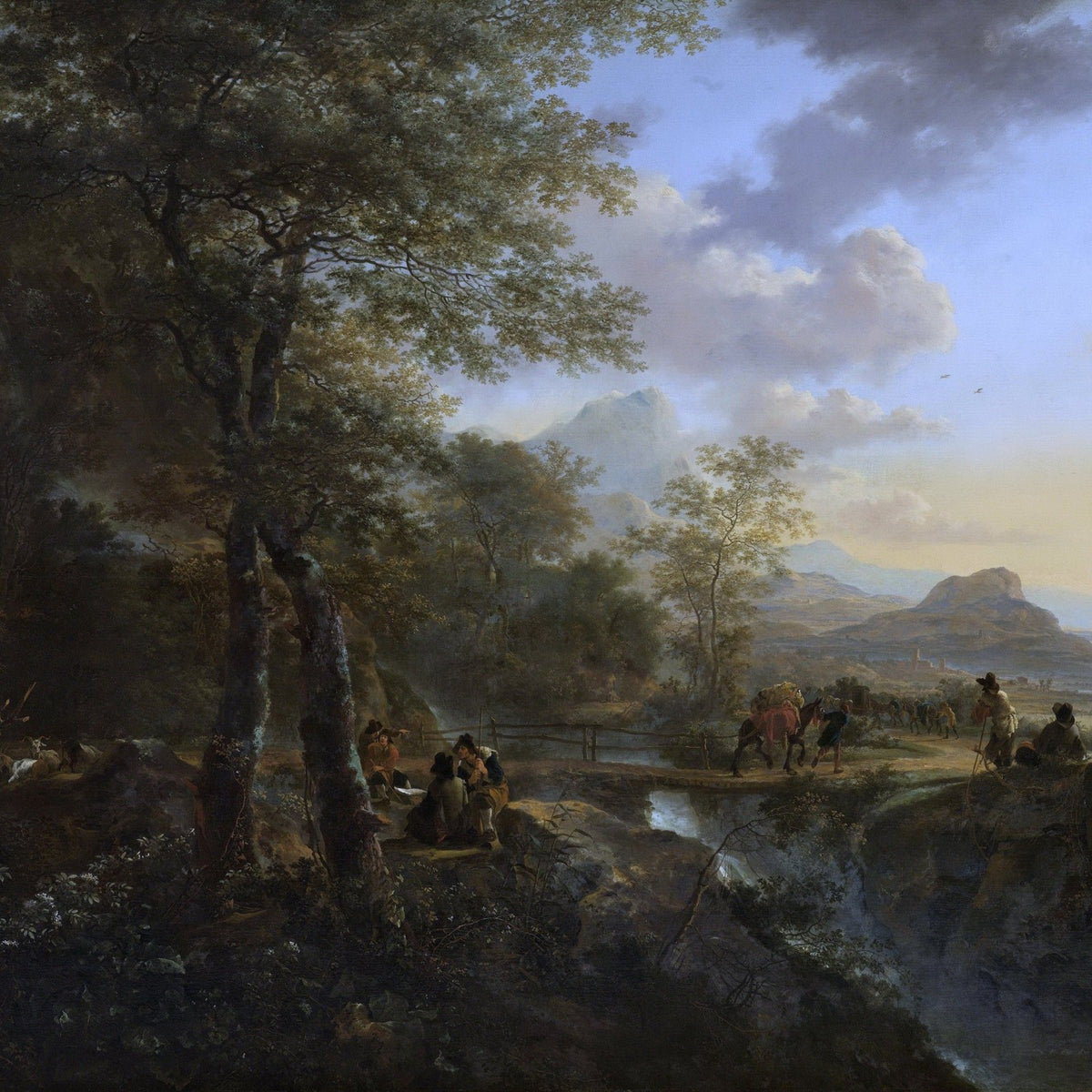 Hand-painted italian mountain landscape with travelers oil painting on canvas