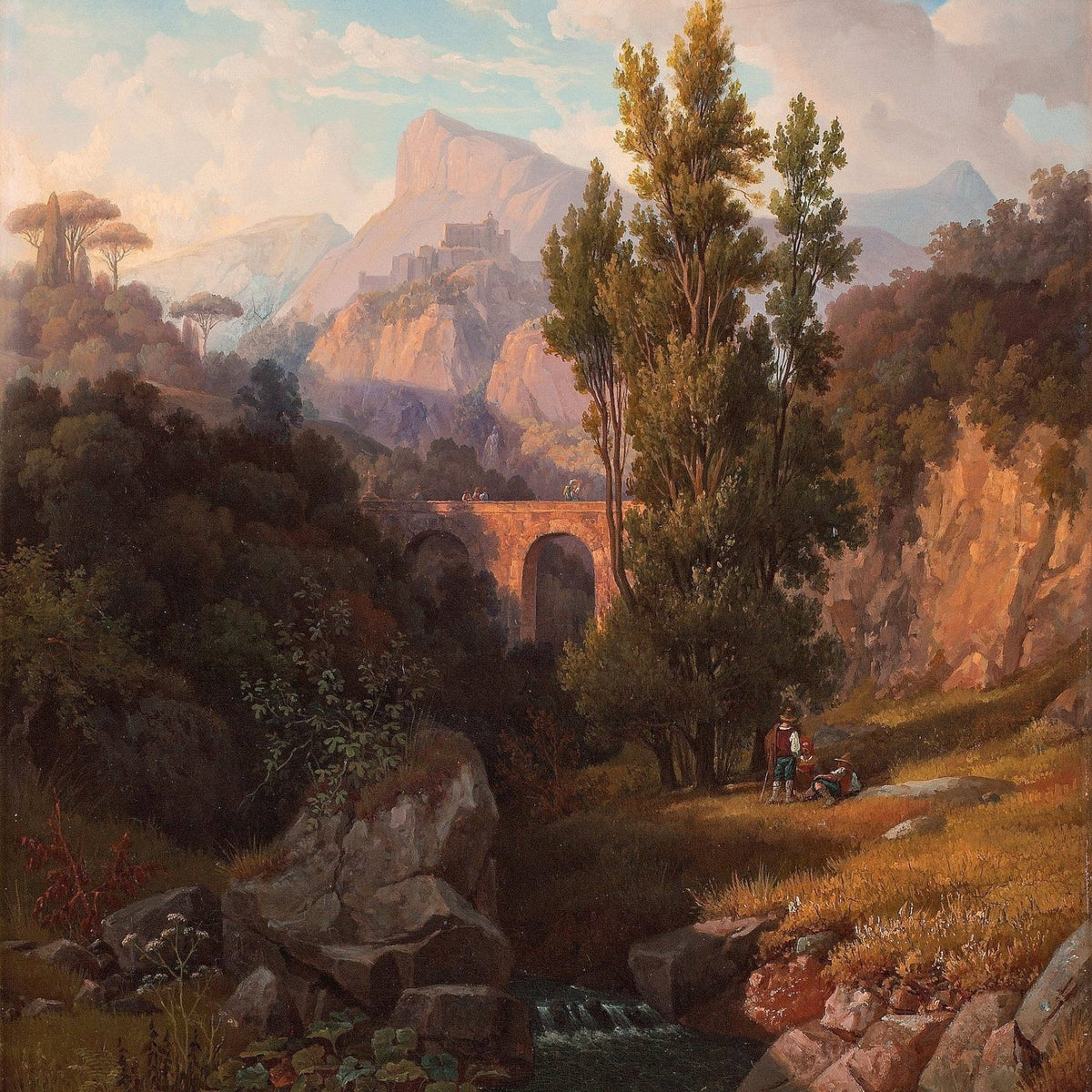 Italian Mountain Valley, Stone Bridge & Stream – Landscape Oil Painting - Oil Painting Haven