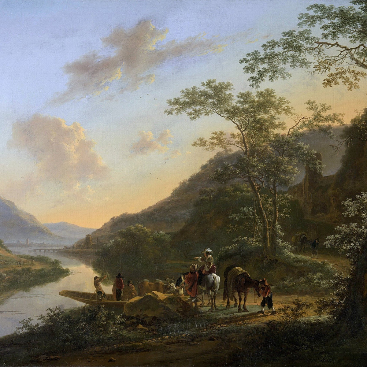 Hand-painted italian river crossing with travelers landscape oil painting on canvas