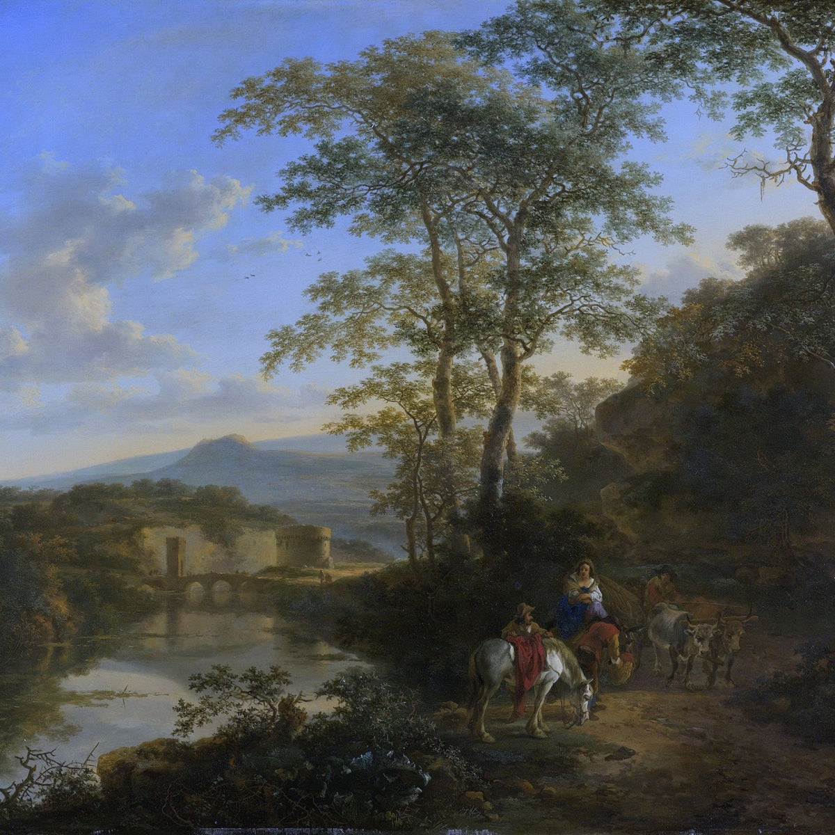 Hand-painted italian river landscape with travelers oil painting on canvas