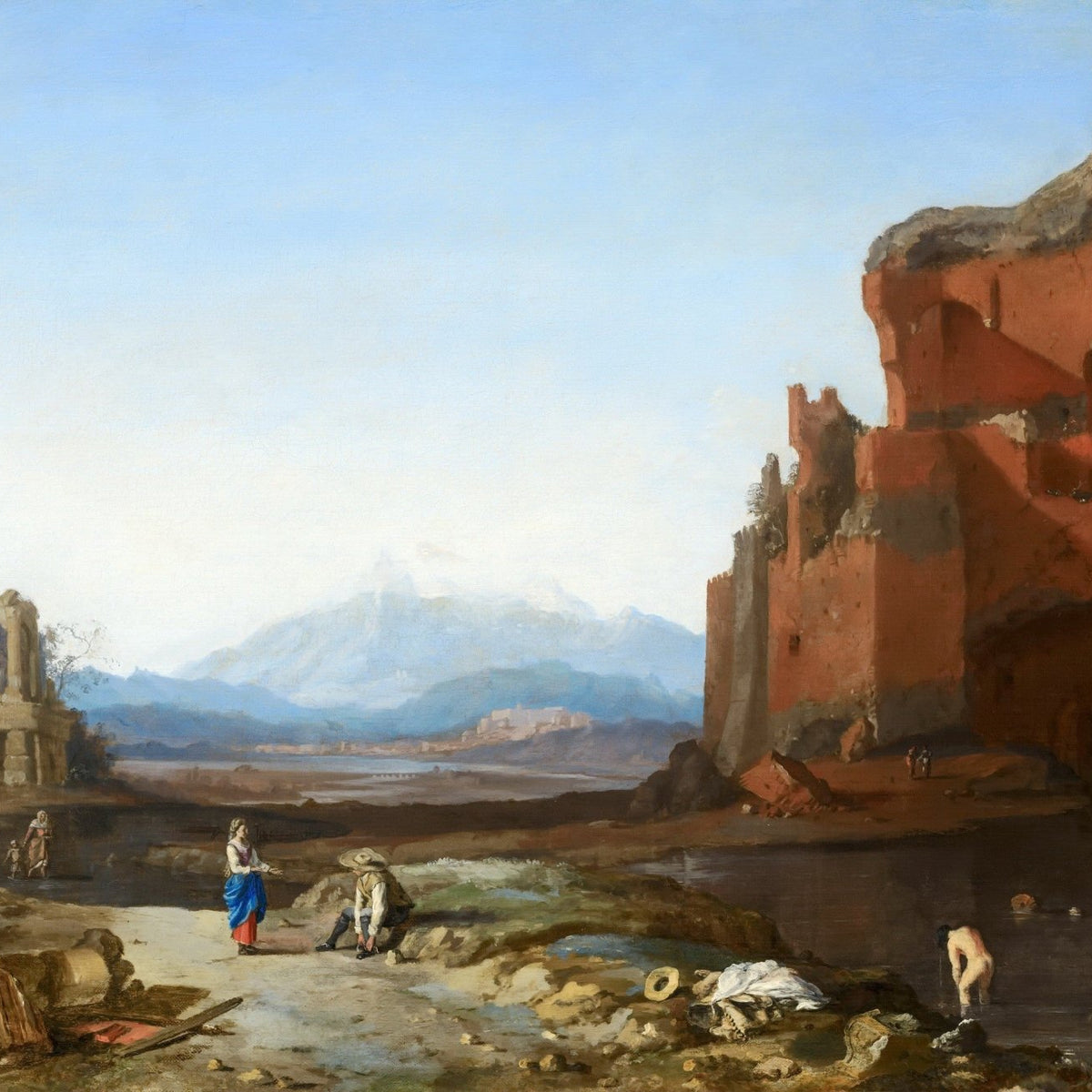 Hand-painted italian ruins by the river, distant mountains landscape oil painting on canvas