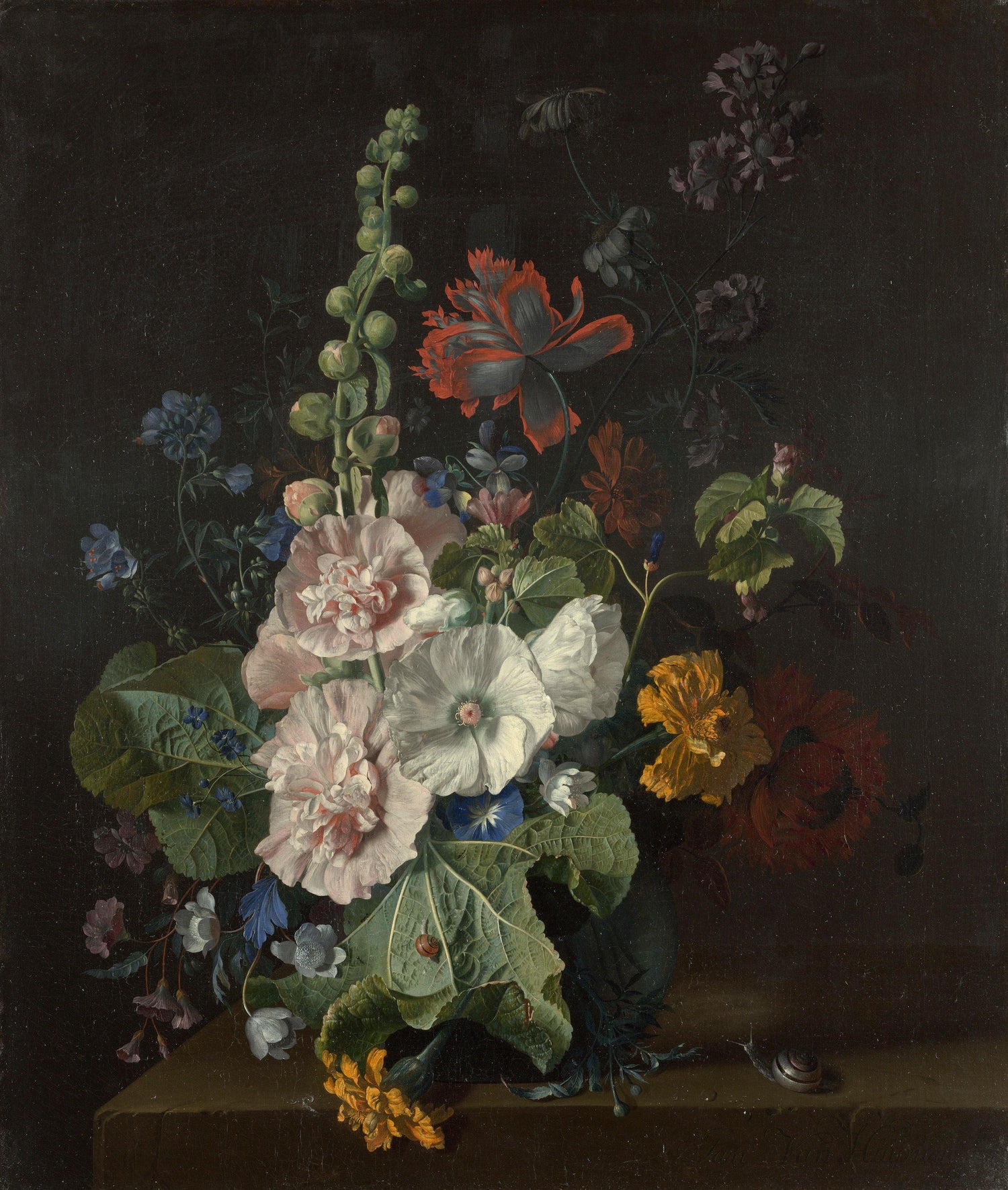 Hollyhocks and Other Flowers in a Vase - Oil Painting Haven