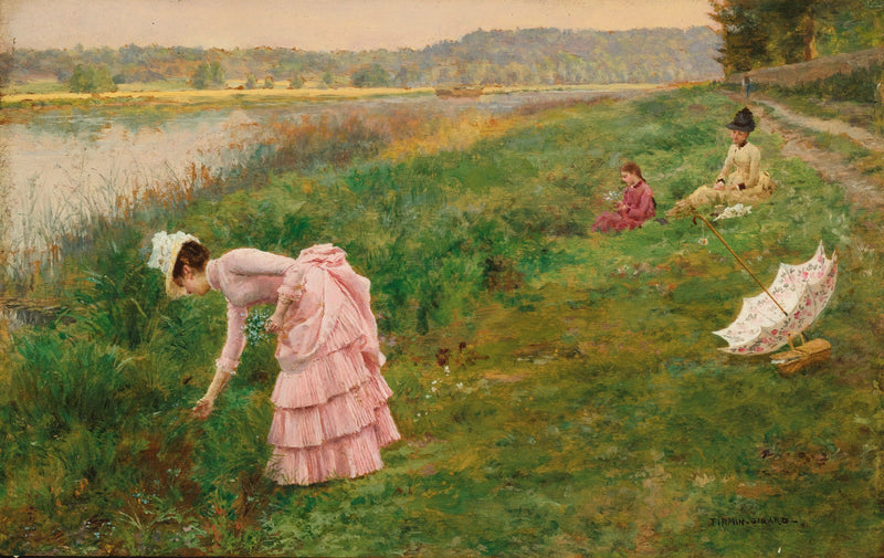 Ladies Gathering Wildflowers by the Riverside - People Oil Painting - Oil Painting Haven