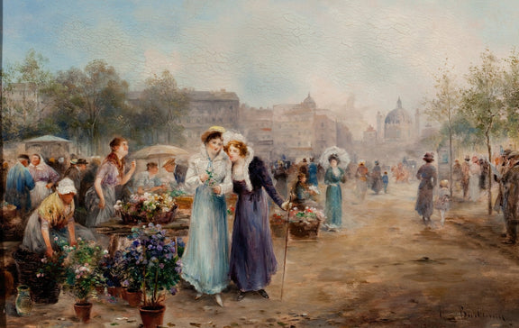Ladies Strolling Through Paris Flower Market - People Oil Painting - Oil Painting Haven