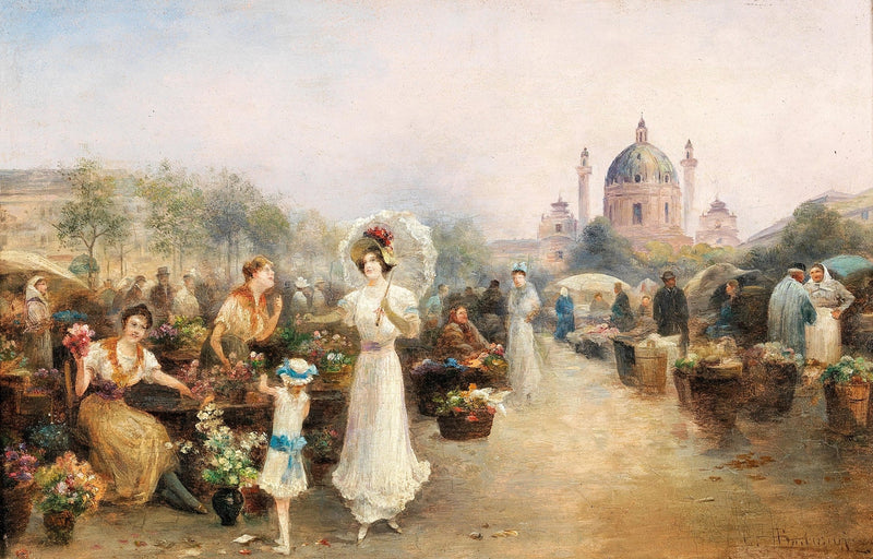 Ladies Visiting Flower Market in Paris - People Oil Painting - Oil Painting Haven