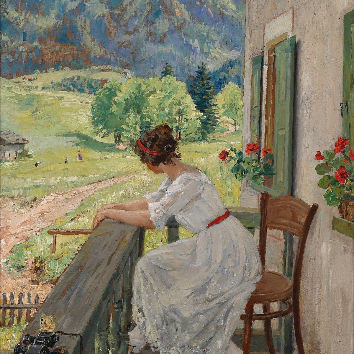 Lady Resting on Alpine Balcony View - People Oil Painting - Oil Painting Haven