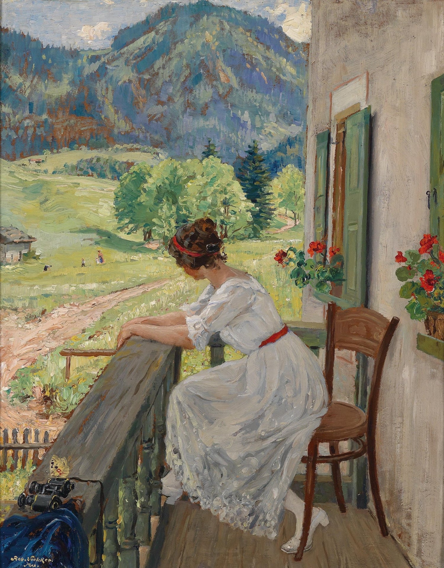 Lady Resting on Alpine Balcony View - People Oil Painting - Oil Painting Haven