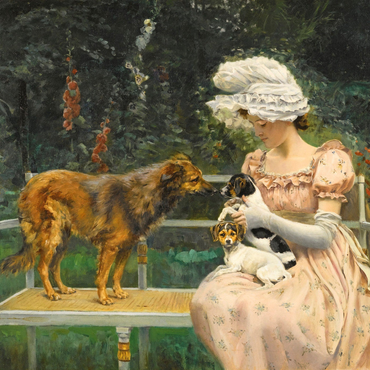 Lady with Dogs on Garden Bench - People Oil Painting - Oil Painting Haven