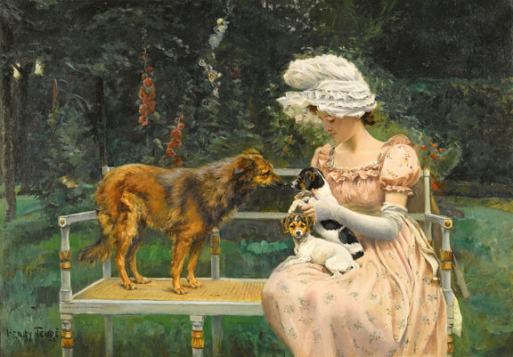Lady with Dogs on Garden Bench - People Oil Painting - Oil Painting Haven
